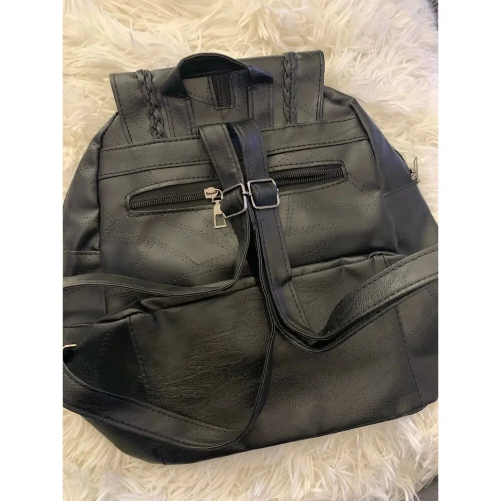 Vegan PU Leather Black Backpack Travel Bag